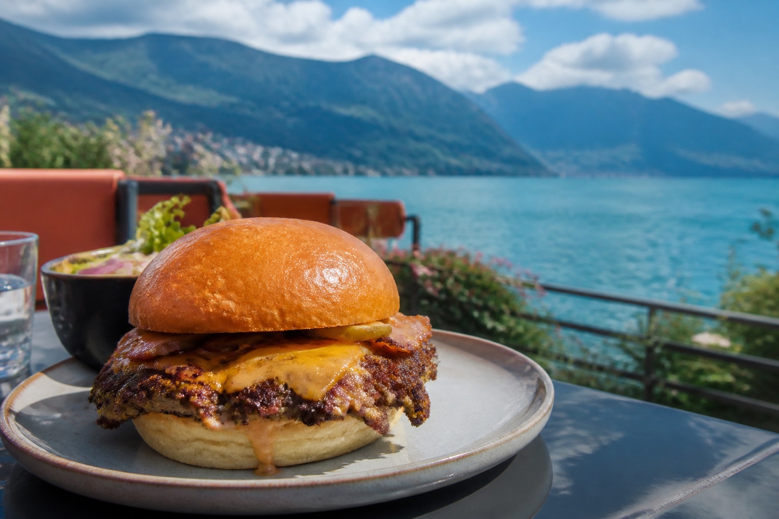 Smash burger servi avec un paysage de lac et de montagnes